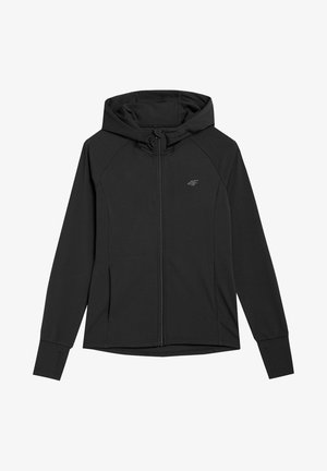 Sweat à capuche noir à fermeture éclair intégrale, manches longues, trous pour les pouces, poches avant et petit logo 4F sur le côté gauche de la poitrine.
