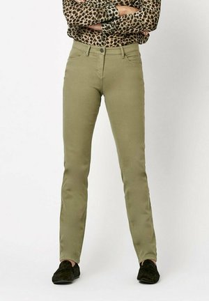 Olive green slim-fit pants made from cotton blend fabric. Features a mid-rise waist, smooth texture, and classic five-pocket design.