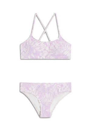 Lilla bikiinikomplekt lillemustriga, millel on bralette-stiilis ülakehaosa ja madala vöökohaga püksid; valmistatud siledast, venivast kangast.