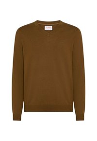 Maglione marrone a scollo a V realizzato in tessuto morbido con maniche lunghe e polsini a coste. Presenta un logo discreto sul petto. Design semplice e classico.