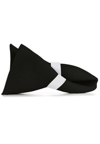 Schwarze gerippte Stoffkrawatte mit zwei spitzen Enden. Besitzt ein weißes horizontales Band nahe der Basis. Glatte Textur mit strukturiertem Design.