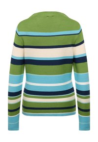 Gestreifter Pullover mit langen Ärmeln und horizontalen Streifen in Grün, Blau und Marineblau. Stricktextur mit rundem Ausschnitt und figurbetonter Silhouette.