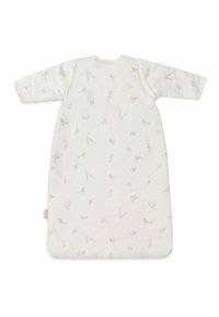 Sac de sommeil en coton avec manches longues, fond blanc présentant de petits oiseaux et des motifs floraux dans des couleurs pastel douces. Encolure arrondie et étiquette sur le côté.