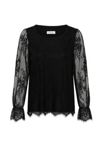 Czarna bluzka z długim rękawem z koronki, ozdobiona kwiecistym wzorem, z przeźroczystymi rękawami, falbaniastymi mankietami i falbaniastym dołem.