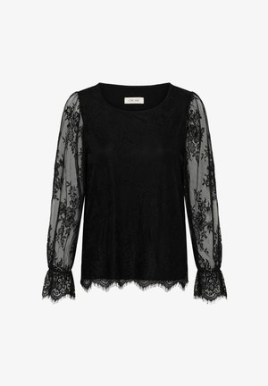 Juodas ilgarankovis nėrinių bliuzonas su gėlių raštu, permatomomis rankovėmis, pūstomis rankogaliais ir banguotu kraštu.