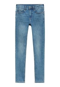 Jean denim bleu clair coupe slim avec poches avant, passants de ceinture et fermeture par bouton.