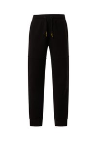 Pantalones de chándal negros con cinturilla elástica, cordón ajustable, bolsillos laterales y un diseño de pierna ajustada. Textura suave y detalle de costura mínima.