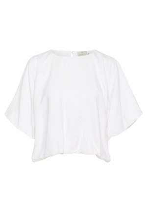 Witte blouse met korte mouwen, in een losse pasvorm, ronde halslijn en een sleutelgat-sluiting op de rug. Zachte stof met een gladde textuur.