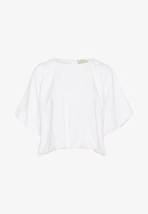 Blusa blanca de manga corta con un corte holgado, escote redondo y cierre en la espalda tipo ojal. Tela suave con una textura lisa.