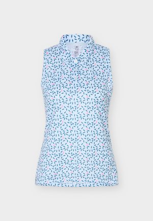 Ärmelloses hellblaues Poloshirt mit Muster aus marineblauen und pinken Blättern sowie einer Knopfleiste mit zwei Knöpfen.