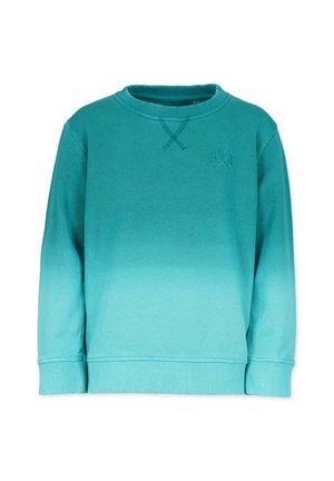 Felpa girocollo turchese con sfumatura a gradiente dal scuro al chiaro e piccolo logo ricamato sul petto a sinistra, polsini e orlo a costine.