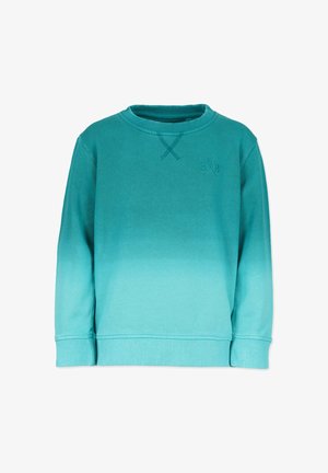 Sudadera de cuello redondo color azul verdoso con degradado de oscuro a claro y pequeño logo bordado en el pecho izquierdo, puños y dobladillo acanalados.