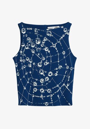 Débardeur bleu marine sans manches avec un motif de graphiques circulaires et linéaires blancs ressemblant à des bulles interconnectées par des lignes fines.