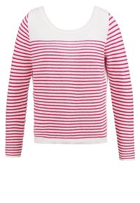 Pull en maille blanc à rayures horizontales roses et manches longues, avec un large col rond et un ourlet côtelé.