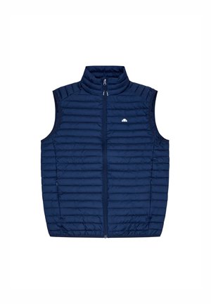 Marineblauer isolierter Weste mit hohem Kragen, horizontal gequilteter Textur, einem Frontreißverschluss und Logo auf der linken Brust. Ärmelloses Design.
