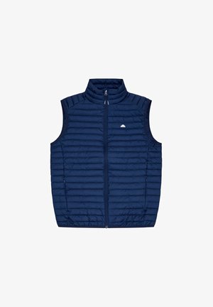 Navy insulated vest with a high collar, horizontal quilted texture, front zipper, and logo on the left chest. Sleeveless design.