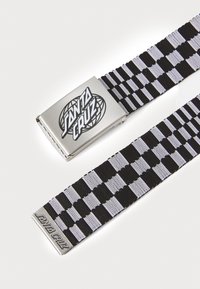 Black and white checkered web belt with a silver metal buckle featuring the "Santa Cruz" logo embossed on the front and back.