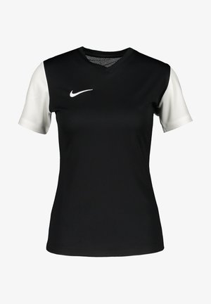 Maillot de sport noir avec manches courtes blanches et logo Nike swoosh blanc sur le côté droit de la poitrine, col en V, coupe unisexe.