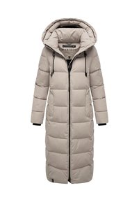 Cappotto imbottito beige con cappuccio oversize, zip a tutta lunghezza e lacci neri. Presenta cuciture a contrasto e tasche laterali.