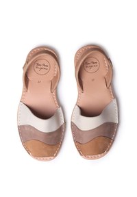 Leather sandals featuring a wave pattern in beige, brown, and taupe. Open back with stitched detailing and branded insole. Size 37.