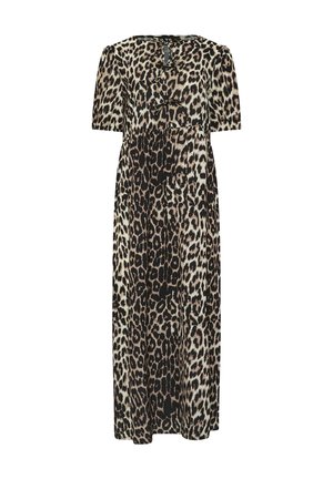 Maxi sukienka w osłonę lamparta z krótkimi rękawami, z okrągłym dekoltem i detalem w kształcie dziurki. Wykonana z lekkiego materiału o gładkiej teksturze.