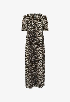 Maxi sukienka w osłonę lamparta z krótkimi rękawami, z okrągłym dekoltem i detalem w kształcie dziurki. Wykonana z lekkiego materiału o gładkiej teksturze.