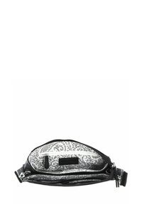 Sac en cuir noir avec une texture lisse, doté d'un intérieur blanc à motifs floraux, de plusieurs compartiments zippés et de finitions en métal argenté.