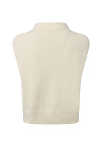 Sleeveless cream sweater with a high neck, ribbed detailing at the hem, and a soft texture, showcasing a relaxed fit and minimal design.