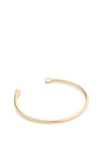 Kullattu käsimerkki, jossa on tyylikäs, pyöristetty muotoilu. Sisältää pienen aukon toisessa päässä ja pienen korostuselementin toisessa.