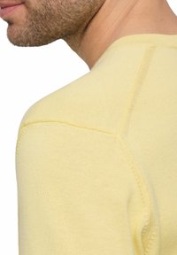 Maglione lavorato a maglia di un giallo chiaro con una texture liscia, dotato di scollatura a girocollo e cuciture sulle spalle. Design casual adatto per diverse occasioni.