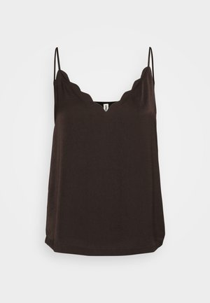Camisola marrone con scollatura a onda, spalline sottili e vestibilità morbida. Realizzata in tessuto morbido, presenta una superficie liscia e orlo dritto.