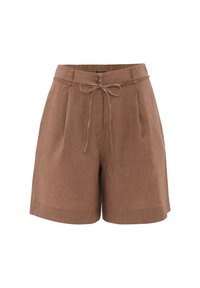 Shorts en lin marron avec une taille à nouer, fermeture par boutons, plis à l'avant et coupe décontractée. Texture lisse et ourlets retroussés.