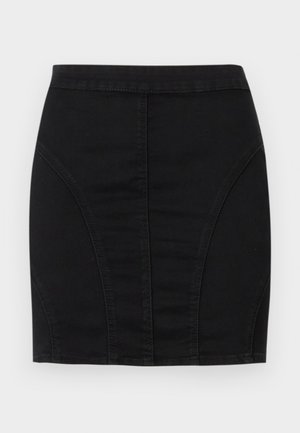 Black denim mini skirt featuring a fitted design, structured panels, and visible seams for added detail. Smooth texture and sleek silhouette.