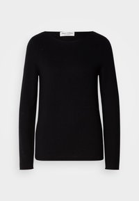 Pull noir à manches longues avec col rond, design uni, tissu tricoté, présenté à plat sur fond clair, étiquette Marc O’Polo au niveau du col.