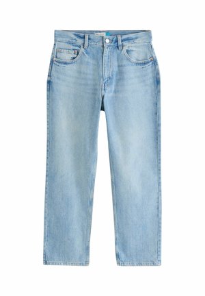Jeans in denim di colore azzurro chiaro a gamba dritta con bottone frontale e cerniera, cinque tasche e passanti per cintura.