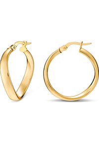 Gold hoop earrings with a smooth, polished finish. One earring features a V-shape design, while the other is a classic round shape.