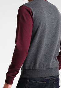 Sudadera gris y marrón con mangas largas, puños y dobladillo acanalados. Textura de tela suave; bloques de color contrastantes en las mangas.