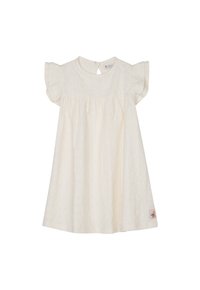 Weißes Kleid mit schwingenden Ärmeln, strukturiertem Stoff, geraffung in der Taille und einem Rückenschlitz. Mit einem kleinen dekorativen Etikett am Saum.