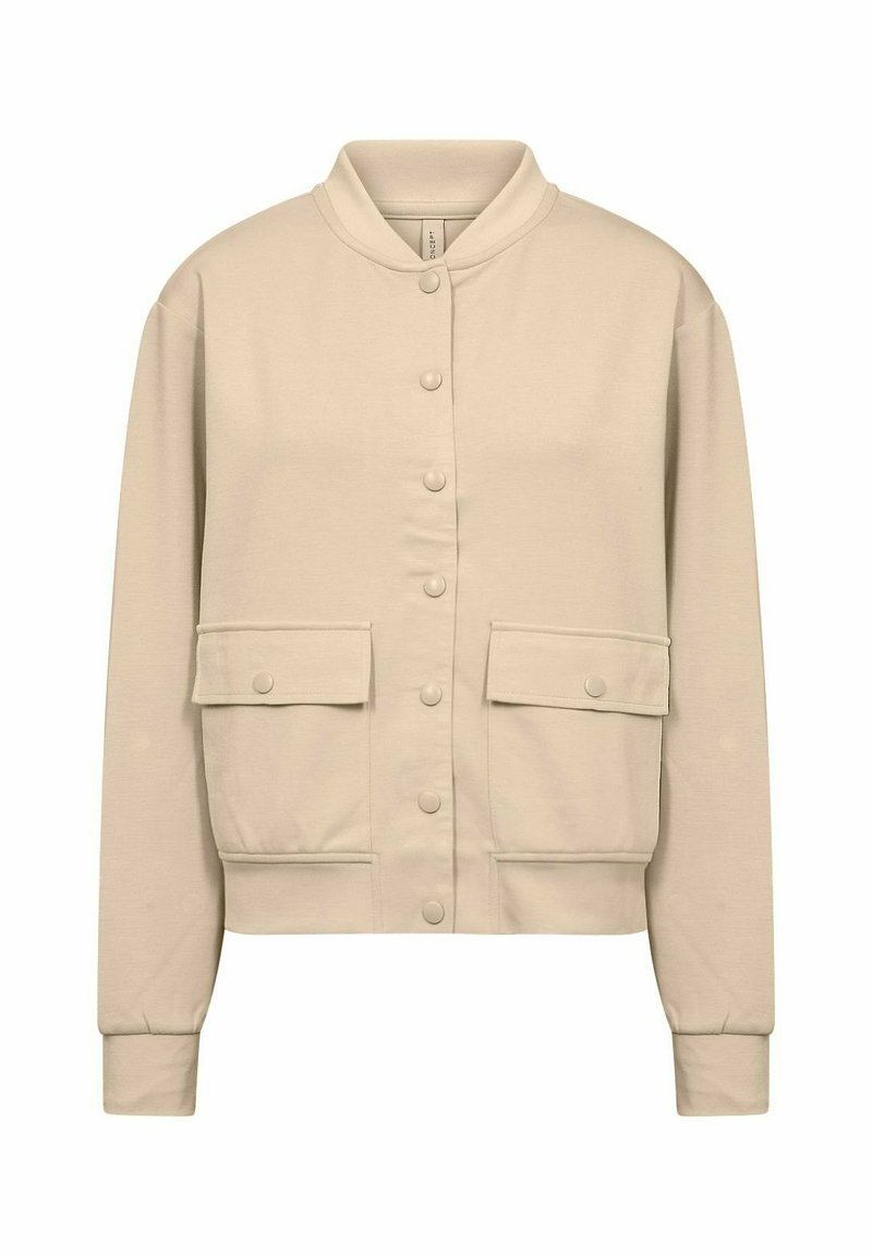 Beige bomberjack gemaakt van zachte stof, met een geribde kraag, drukknoopsluiting en twee opgestikte voorzakken.