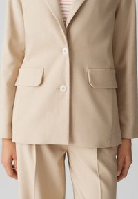 Beige blazer met twee voorzakken, knoopsluiting en een gestructureerde stof. Gedragen over een gestreept topje, met een klassieke reversontwerp.