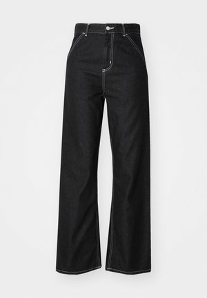 Sorte denim bukser med vide ben, som har kontrasterende hvide syninger, høj talje, fem lommers design og knaplukning.