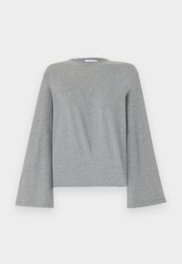 Hellgraues Langarmshirt mit Rundhalsausschnitt, weiten Ärmeln und geradem Saum, auf einem einfarbigen Hintergrund präsentiert.