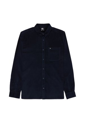 Dark blue corduroy shirt with a button-down collar, long sleeves, and a left chest pocket, featuring a small logo on the pocket.