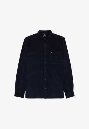 Donkerblauw corduroy overhemd met een button-down kraag, lange mouwen en een linkerborstzak, met een klein logo op de zak.