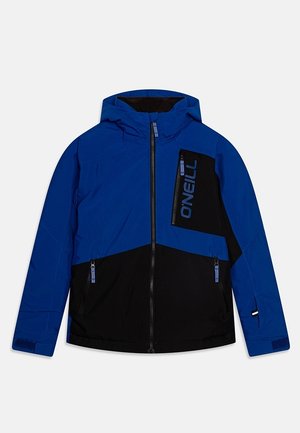Blau-schwarze Kapuzenjacke mit Reißverschlusstaschen, einem diagonalen Farbblock-Design und dem auffälligen "O'Neill"-Logo auf der Brust.