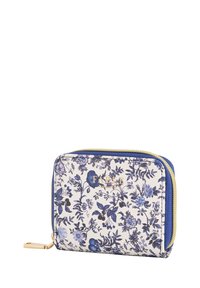 Kompaktni novčanik s plavim cvjetnim uzorkom, zlatnim zatvaračem i logotipom "Fable England" sprijeda.