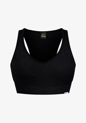 Soutien-gorge de sport noir côtelé avec un décolleté en V et de larges bretelles, présentant une étiquette de marque et un ajustement serré et texturé.