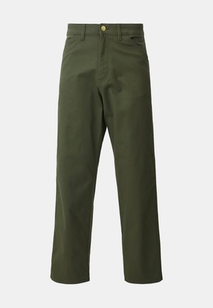 Olive green trousers made from sturdy fabric, featuring a straight cut, front pockets, and a brass button closure.