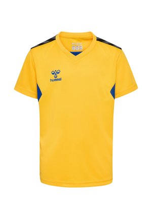 Gul sportsjersey med v-hals, korte ærmer, blå sidelapper og sorte skulderdetaljer. Har "Hummel"-logoen i blå.