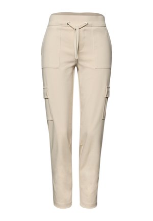 Pantalon cargo beige avec taille à cordon, poches plaquées à l'avant et poches latérales à rabat, coupe droite.